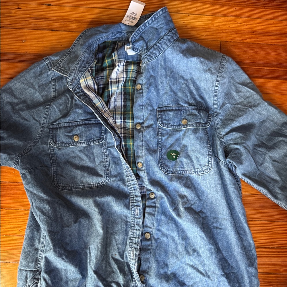 L.L. Bean Blue Denim Shirt with Plaid Interior